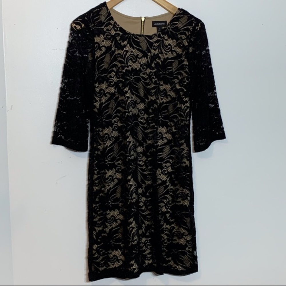 EUC Liz Claiborne black lace‎ overlay dress